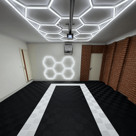 Sleek Space interlocking garage floor tile in silver