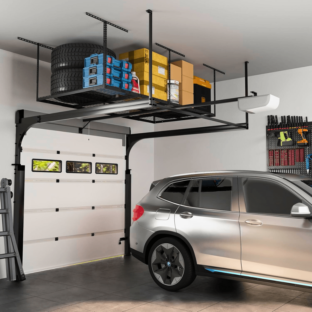 ULTRARACK Overhead Garage Ceiling Storage Rack with 6xHooks, Black