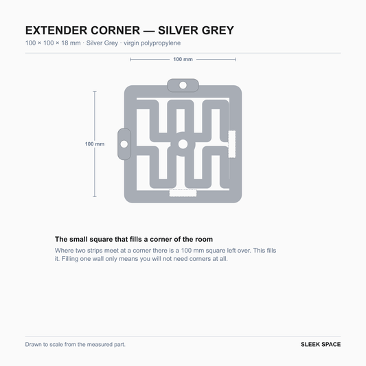EXTENDER Corner in Silver Grey, 100 x 100 x 18 mm, the square that fills a room corner