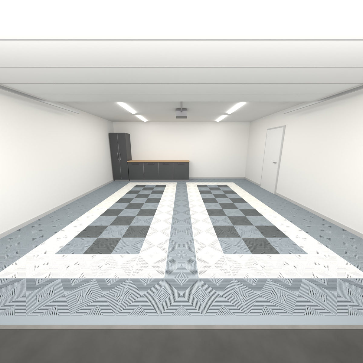 ULTRACORE Double Garage Floor Kit, Parking Bay Chequer Infill, Silver Grey / Alpine White / Dark & Light Grey, seen from the garage door