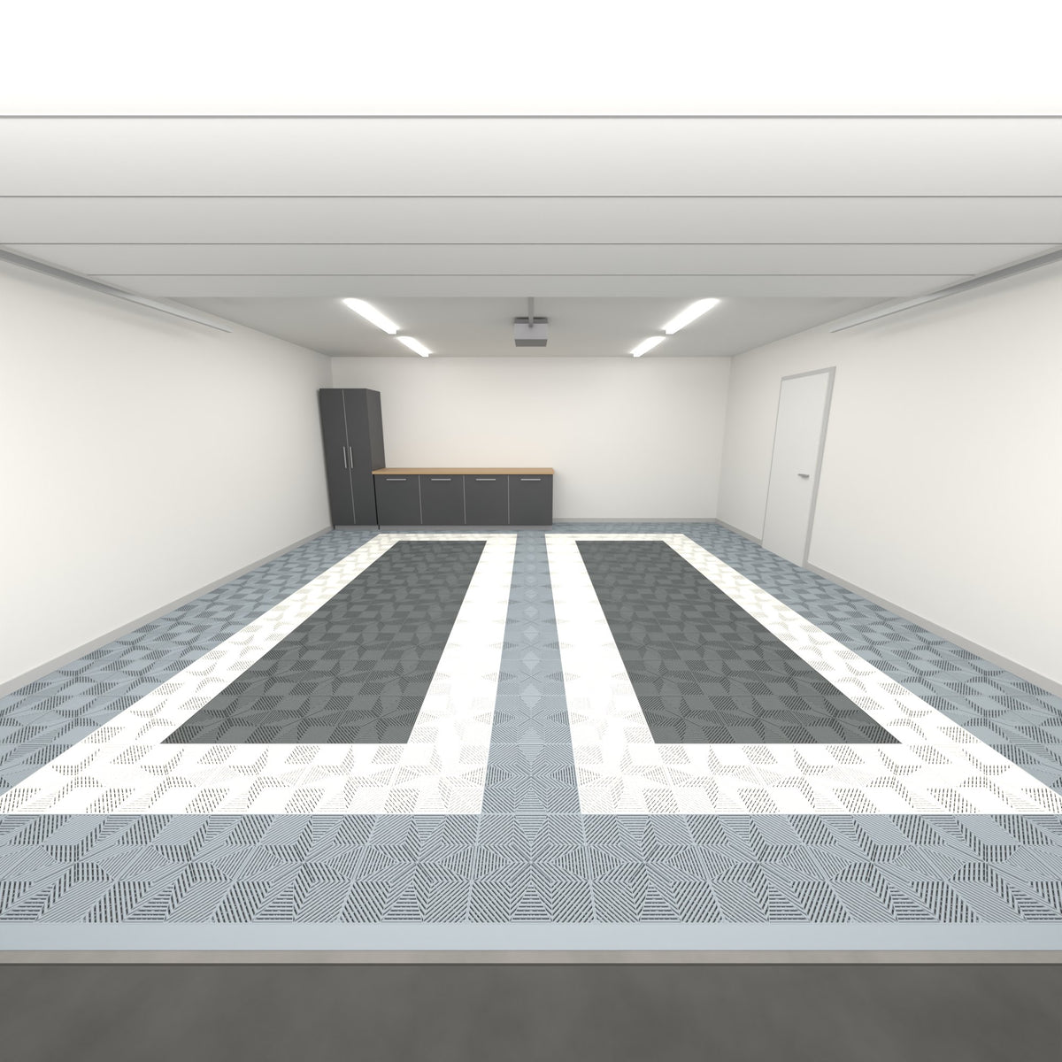 ULTRAFLUX Double Garage Floor Kit, Parking Bay Plain Infill, Silver Grey / Alpine White / Space Grey, seen from the garage door