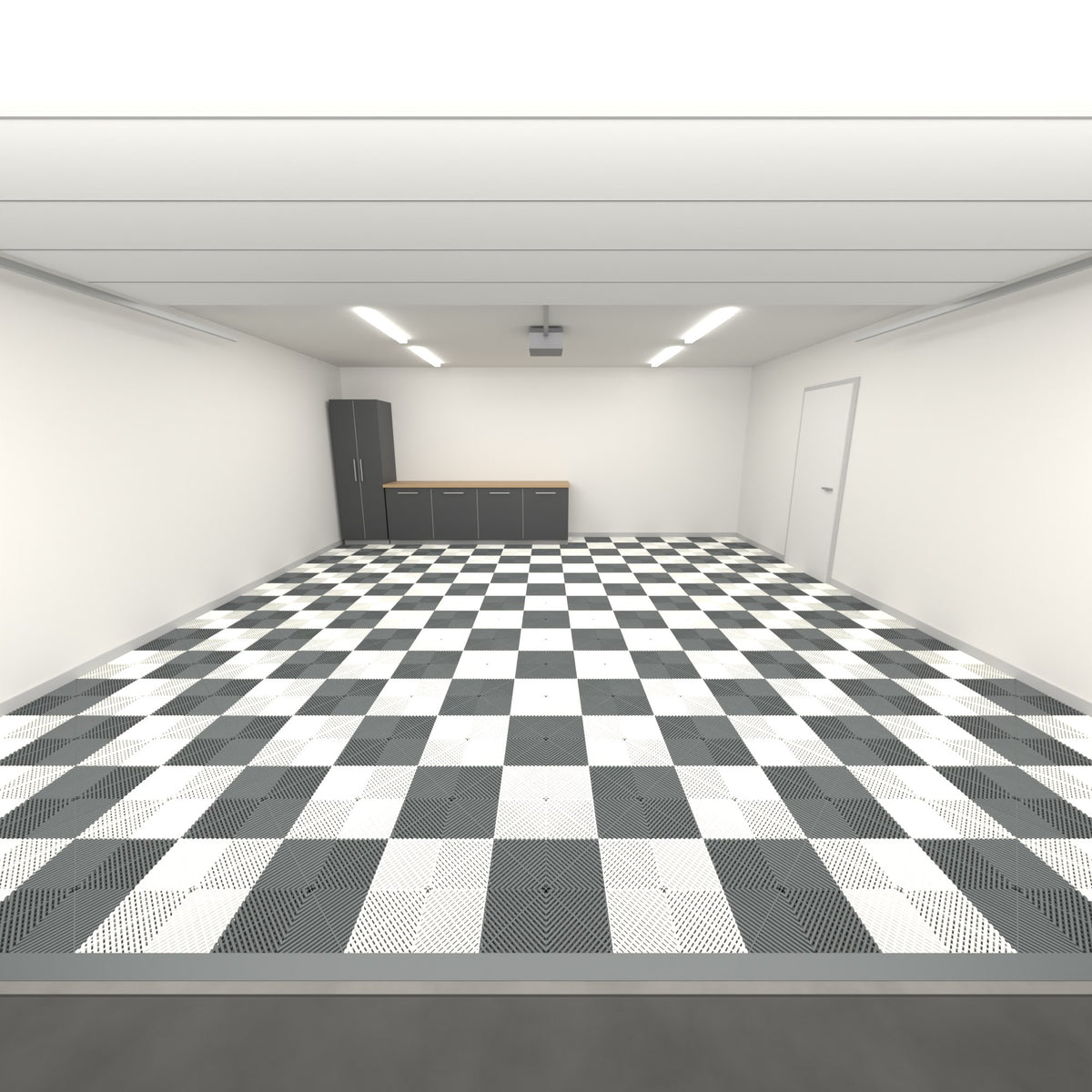 ULTRAGRID Double Garage Floor Kit, Chequer, Space Grey / Alpine White, seen from the garage door