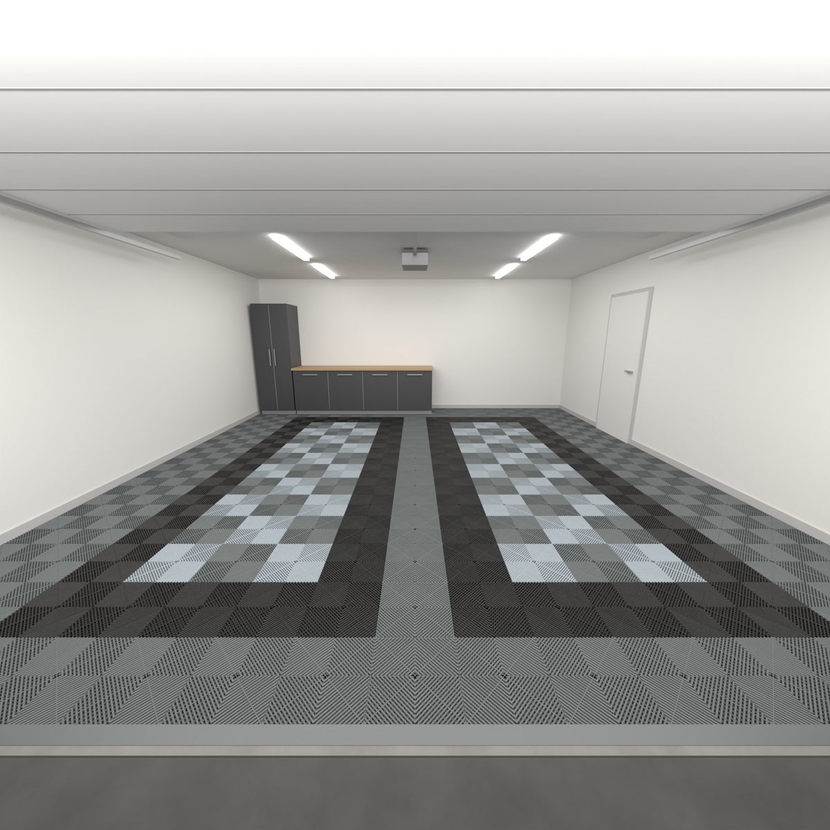 ULTRAGRID Double Garage Floor Kit, Parking Bay Chequer Infill, Space Grey / Jet Black / Dark & Light Grey, seen from the garage door