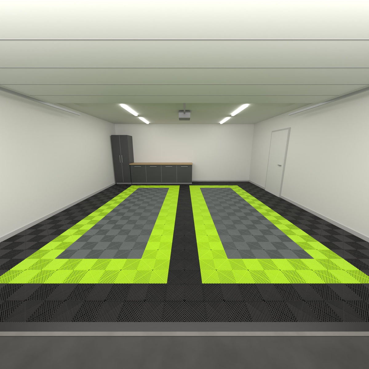 ULTRAGRID Double Garage Floor Kit, Parking Bay Plain Infill, Jet Black / Electric Green / Space Grey, seen from the garage door