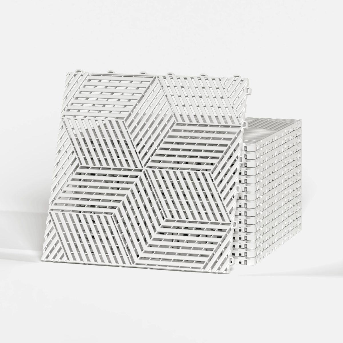 ULTRACUBE garage floor tile in Alpine White, a stack of tiles