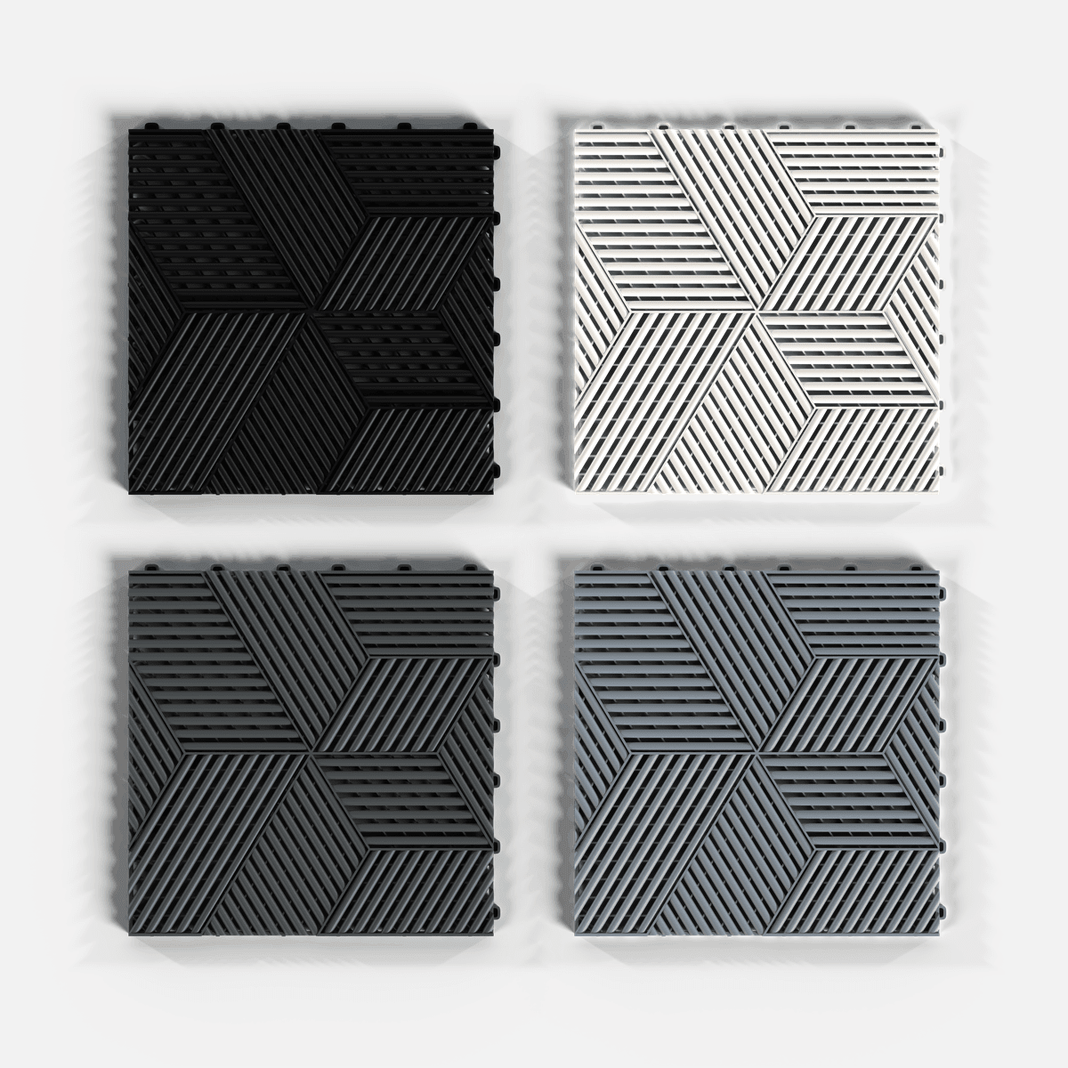 ULTRACUBE garage floor tile sample pack, four tiles in Jet Black, Alpine White, Space Grey and Silver Grey