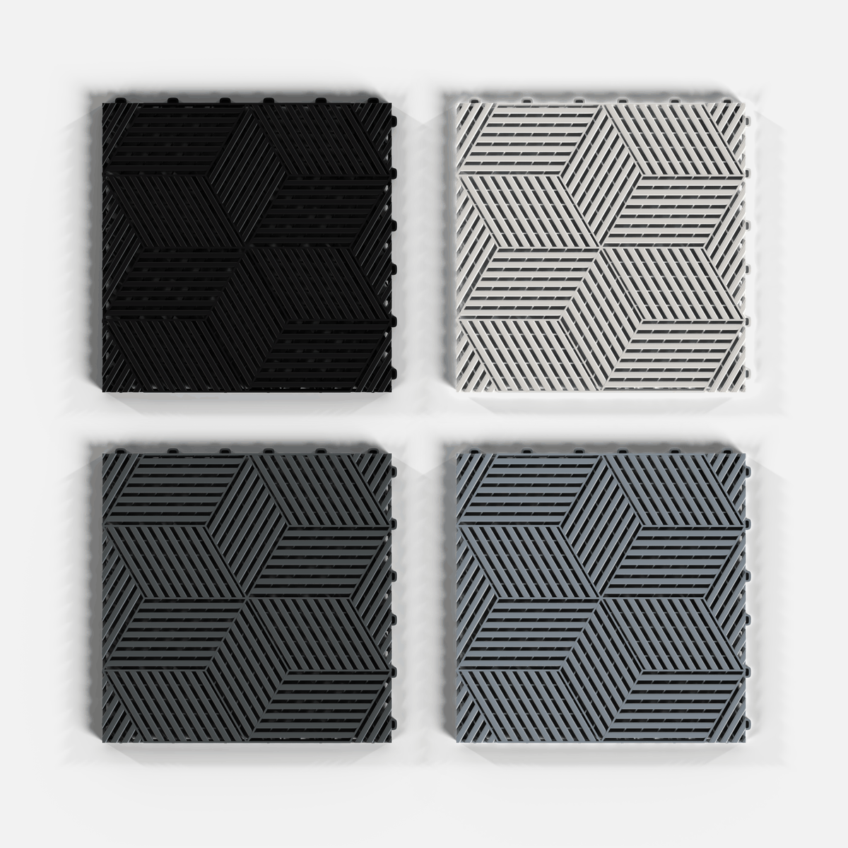 ULTRACUBE garage floor tile sample pack, four tiles in Jet Black, Alpine White, Space Grey and Silver Grey