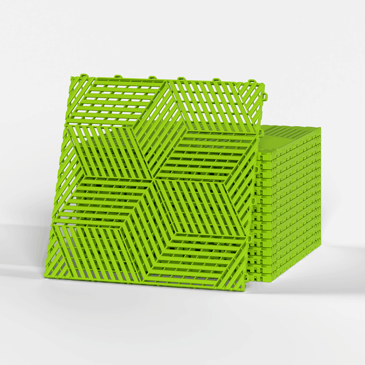 ULTRACUBE garage floor tile in Electric Green, a stack of tiles