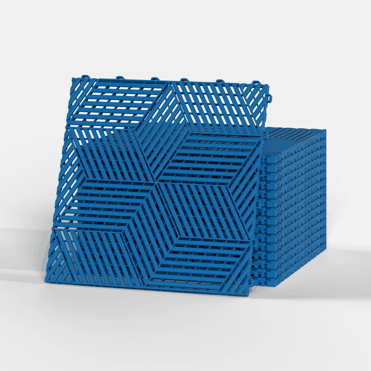 ULTRACUBE garage floor tile in Riviera Blue, a stack of tiles