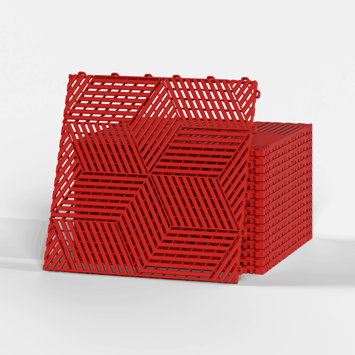 ULTRACUBE garage floor tile in Rosso Red, a stack of tiles