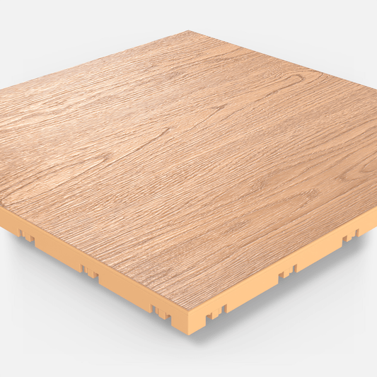 ULTRADECO modular floor tile in Honey Oak, single tile seen from a low angle