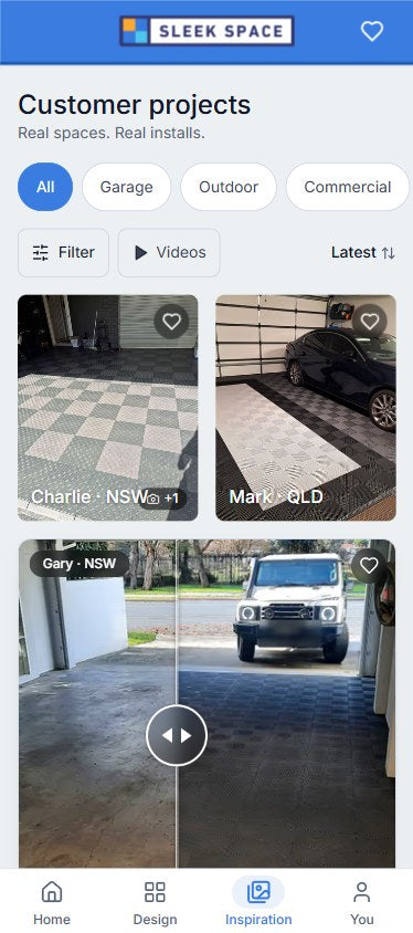 Real customer garages in the Sleek Space app
