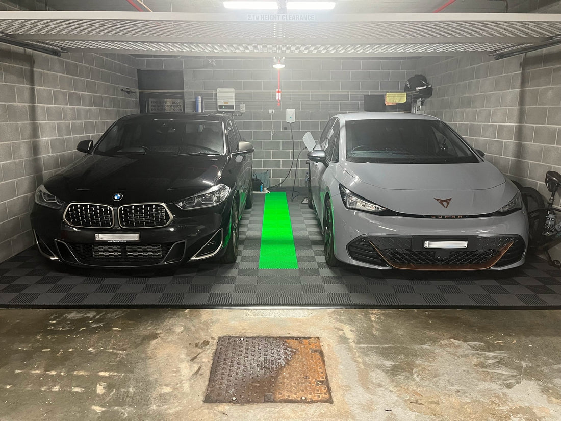 Durable Sleek Space garage floor tiles with car parked