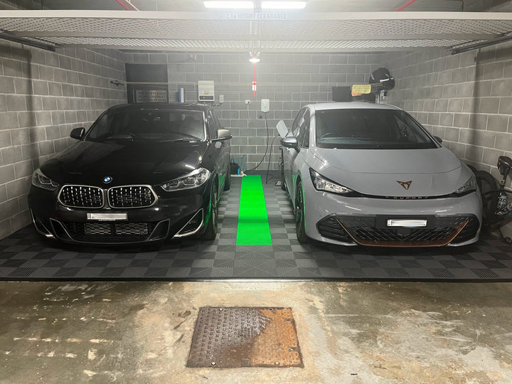 Durable Sleek Space garage floor tiles with car parked