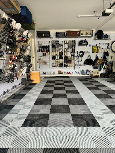 Completed garage makeover with Sleek Space interlocking floor tiles