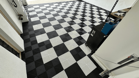 Garage floor tile patterns — interlocking tiles in a multi-colour layout