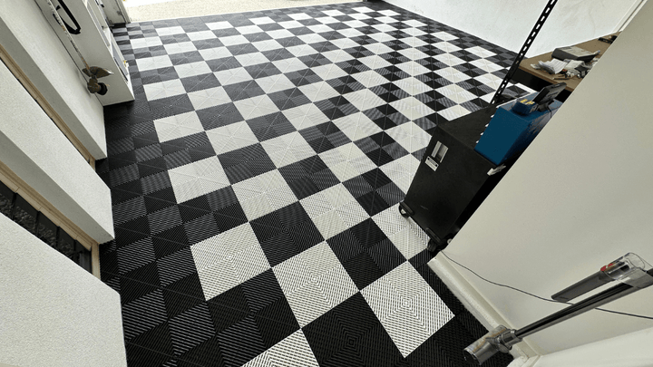 Garage floor tile patterns — interlocking tiles in a multi-colour layout