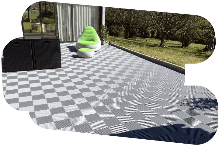 Garage floor tiles UV stability — virgin polypropylene resists sun fading