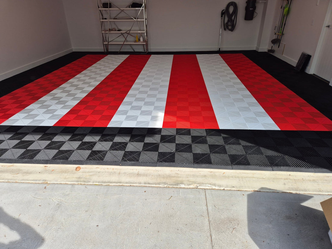 Garage with Sleek Space interlocking floor tiles and vehicle — Melbourne installation