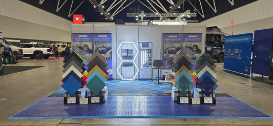 Sleek Space showroom with interlocking garage floor tiles on display