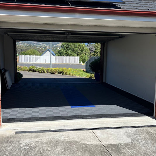 Garage with Sleek Space interlocking floor tiles — Tasmania customer installation