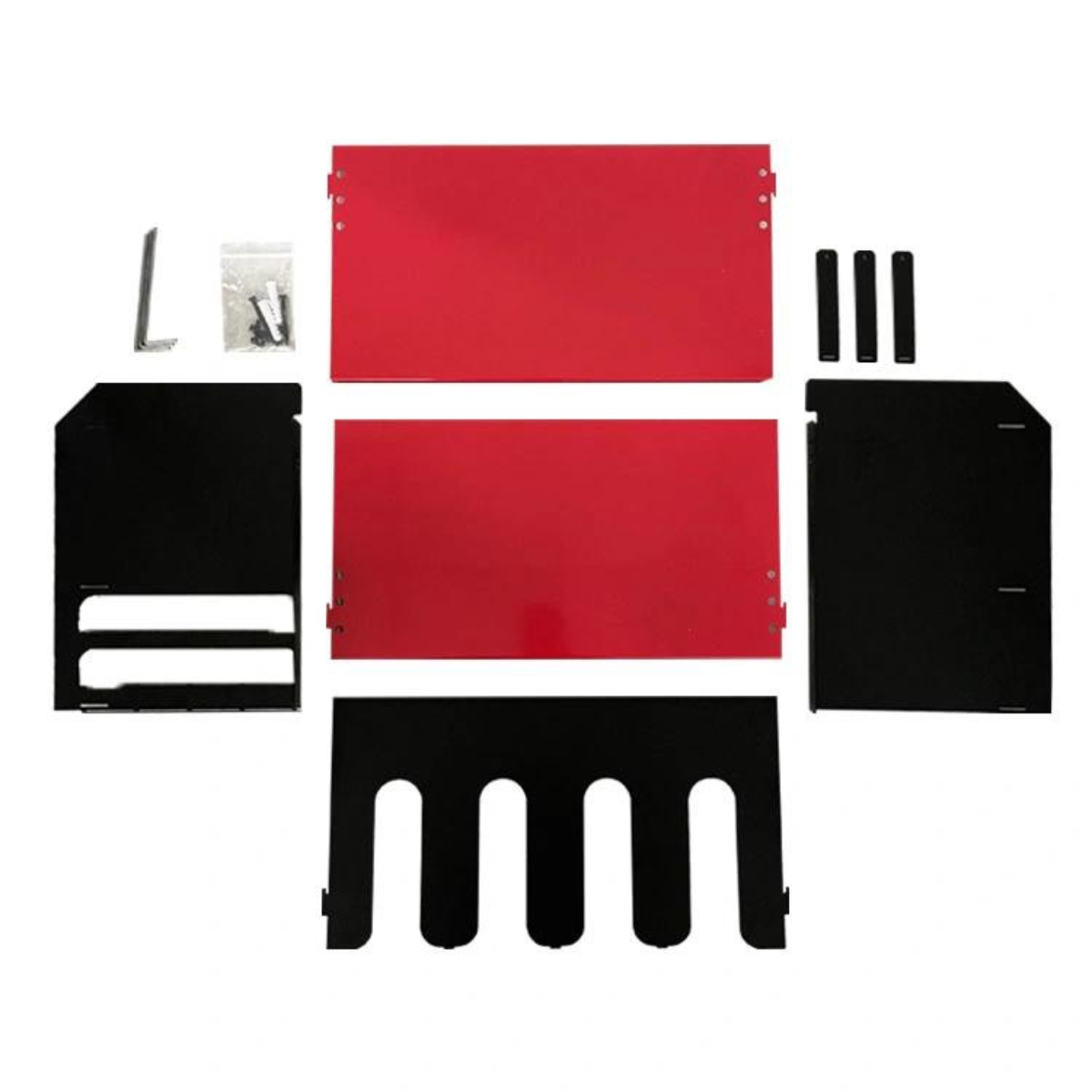 ULTRARACK Power Tool Organiser flat-pack contents, red shelves, black panels, dividers, Allen key and screws