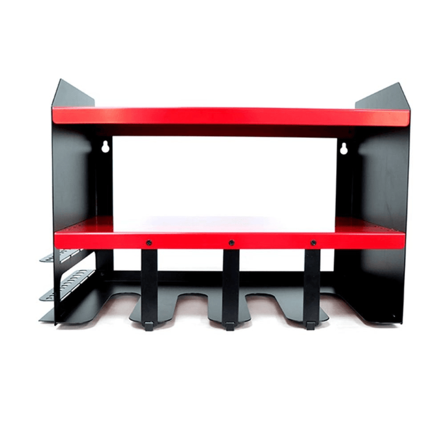 ULTRARACK Power Tool Storage Organiser seen front on: two red steel shelves, four tool slots beneath, and a bit rack down the left side