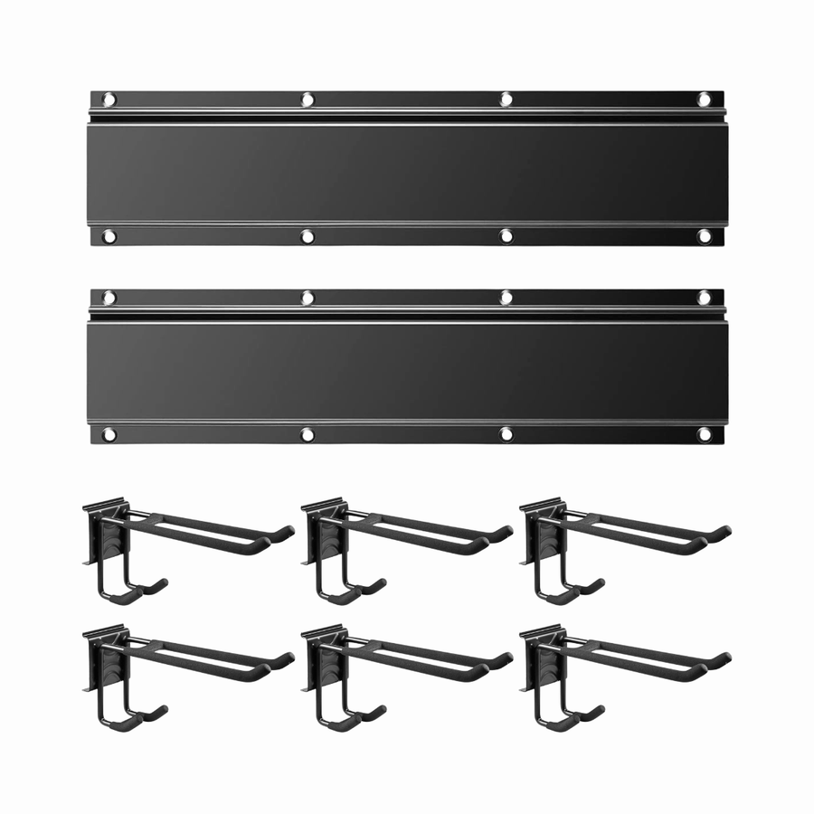 Everything in the ULTRARACK kit: two 61.5cm black steel rails and six rubber-coated sliding hooks