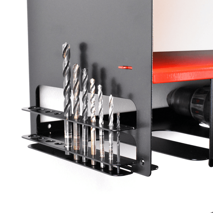 Drill bits of assorted sizes standing in the ULTRARACK Power Tool Organiser's side-mounted bit rack