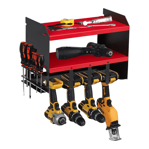 ULTRARACK Power Tool Storage Organiser in red, holding drills and drivers in shaped cradles