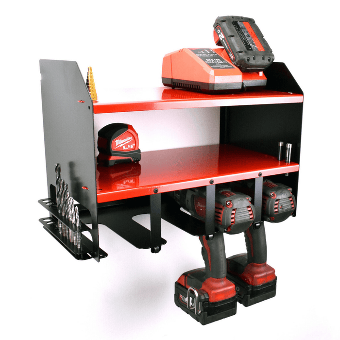 A Milwaukee battery charger on the ULTRARACK Power Tool Organiser's top shelf with a tape measure and sockets on the shelf below