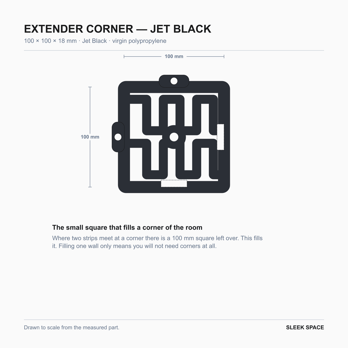 EXTENDER Corner in Jet Black, 100 x 100 x 18 mm, the square that fills a room corner