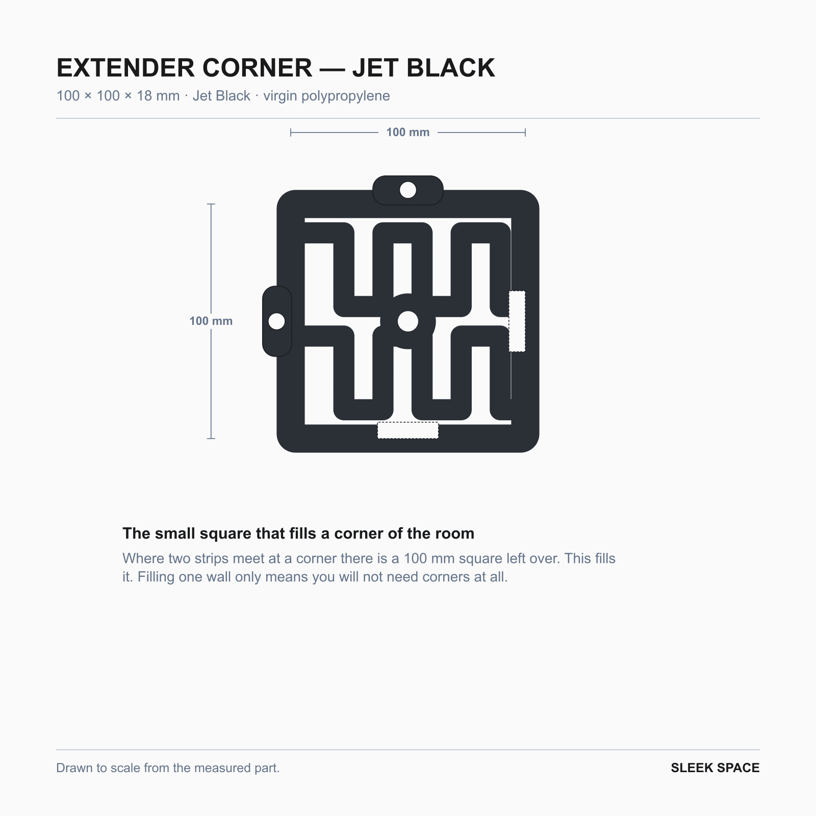 EXTENDER Corner in Jet Black, 100 x 100 x 18 mm, the square that fills a room corner