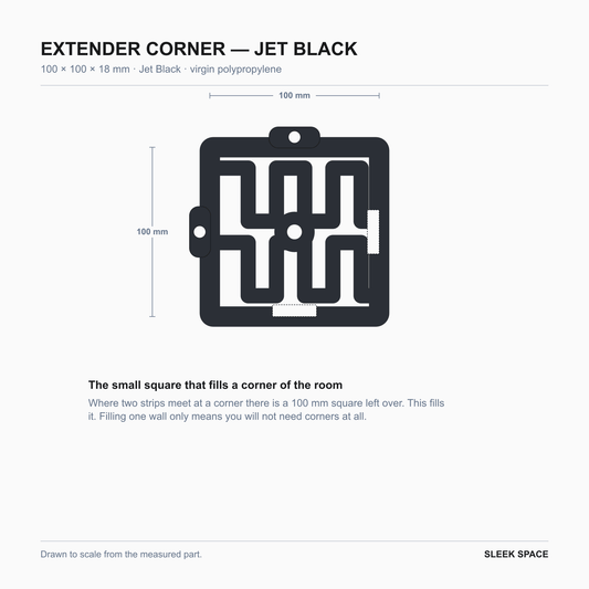 EXTENDER Corner in Jet Black, 100 x 100 x 18 mm, the square that fills a room corner