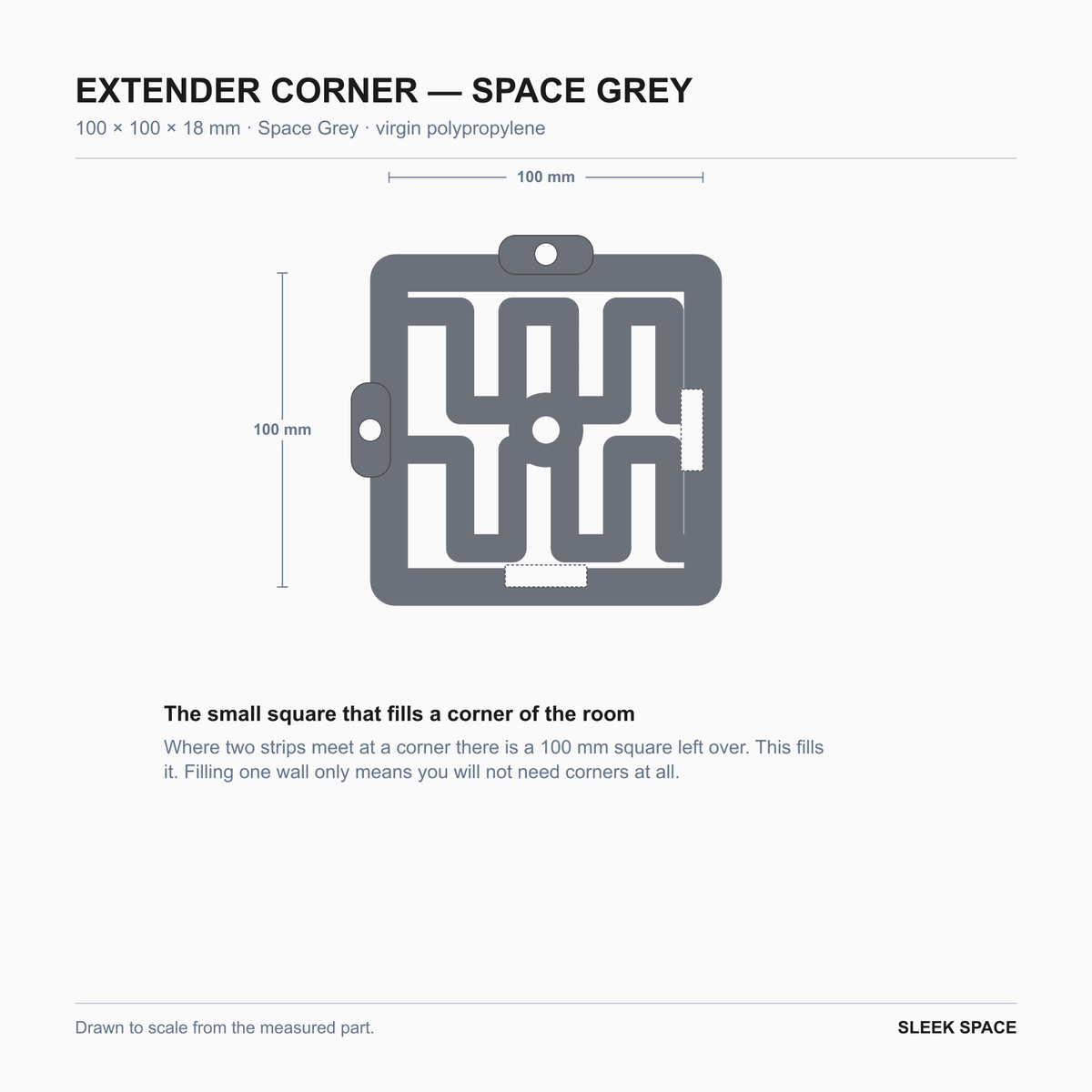 EXTENDER Corner in Space Grey, 100 x 100 x 18 mm, the square that fills a room corner