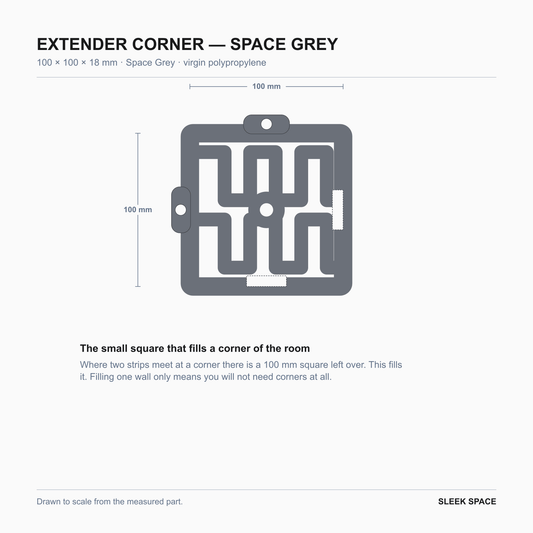 EXTENDER Corner in Space Grey, 100 x 100 x 18 mm, the square that fills a room corner