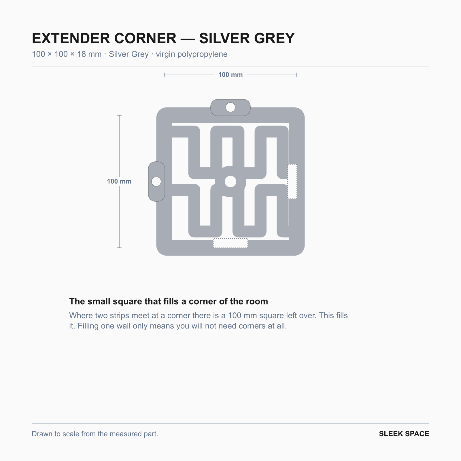 EXTENDER Corner in Silver Grey, 100 x 100 x 18 mm, the square that fills a room corner