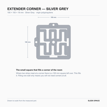 EXTENDER Corner in Silver Grey, 100 x 100 x 18 mm, the square that fills a room corner