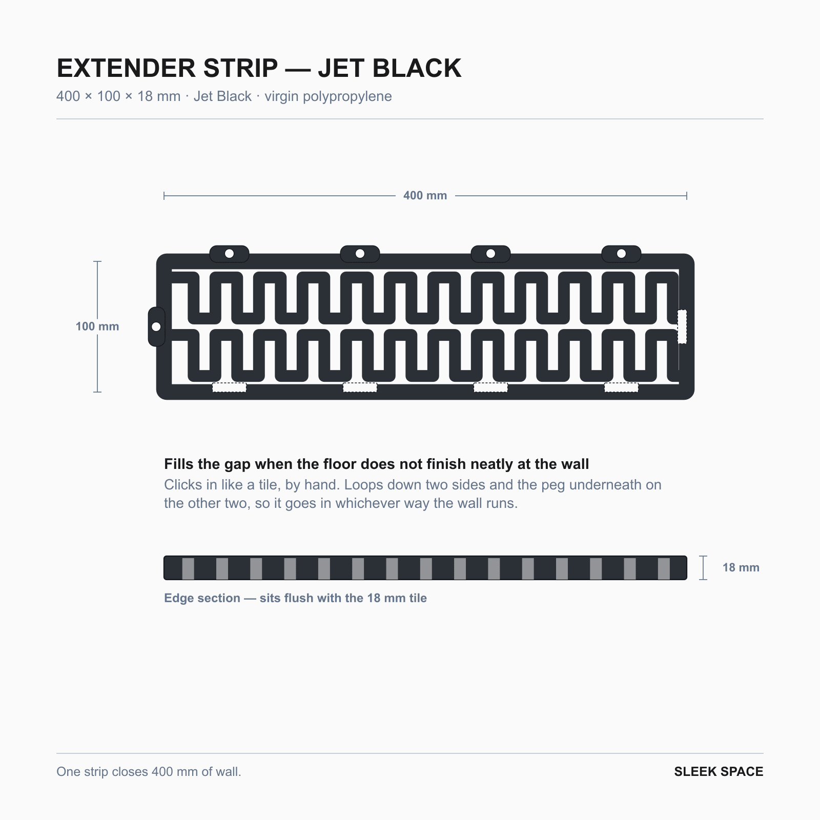 EXTENDER Strip in Jet Black, 400 x 100 x 18 mm, showing the clips on each side