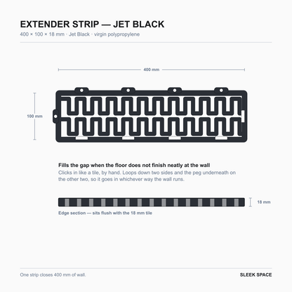 EXTENDER Strip in Jet Black, 400 x 100 x 18 mm, showing the clips on each side