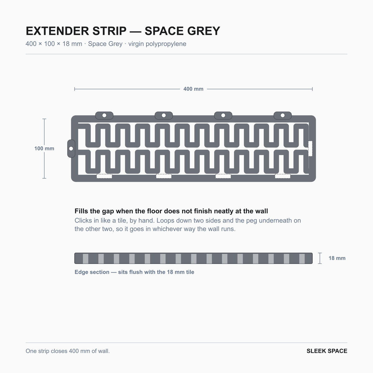 EXTENDER Strip in Space Grey, 400 x 100 x 18 mm, showing the clips on each side