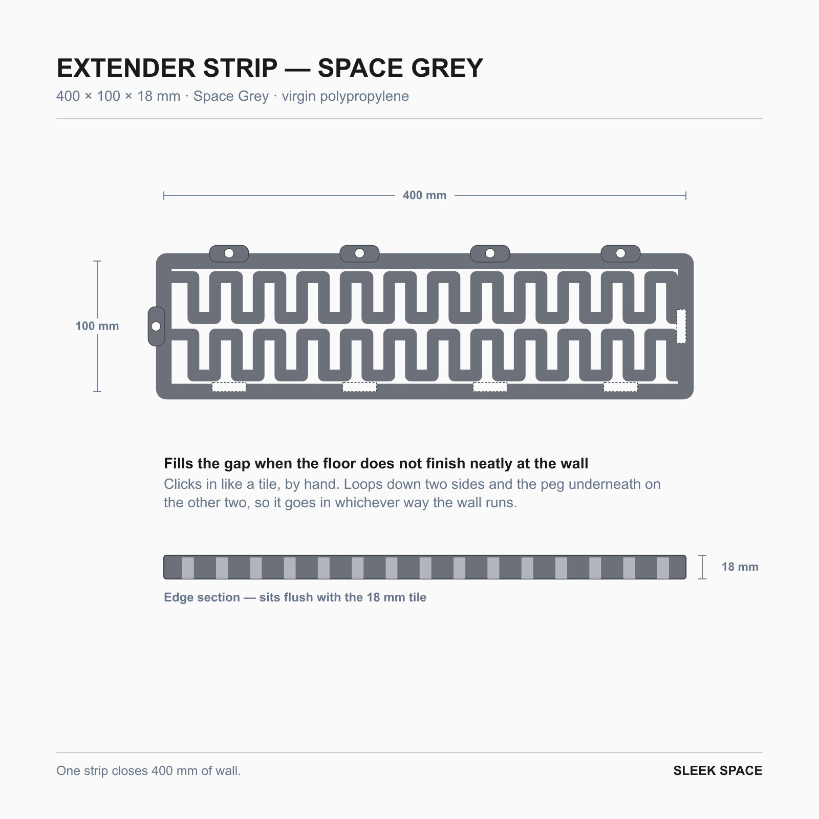 EXTENDER Strip in Space Grey, 400 x 100 x 18 mm, showing the clips on each side