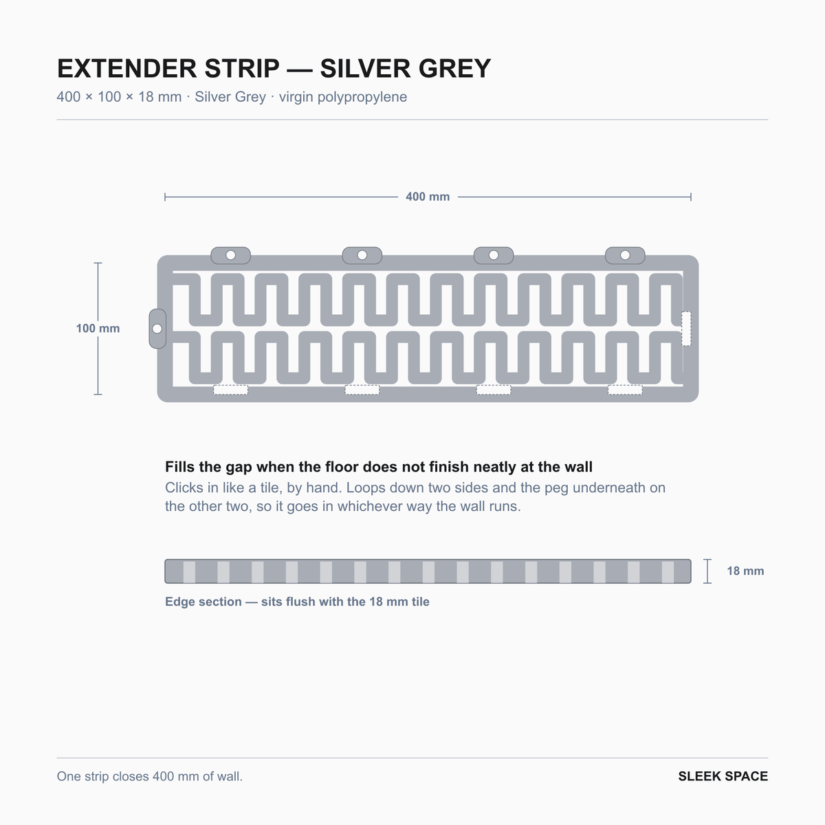 EXTENDER Strip in Silver Grey, 400 x 100 x 18 mm, showing the clips on each side