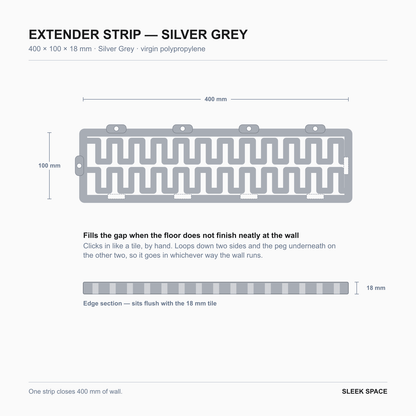 EXTENDER Strip in Silver Grey, 400 x 100 x 18 mm, showing the clips on each side