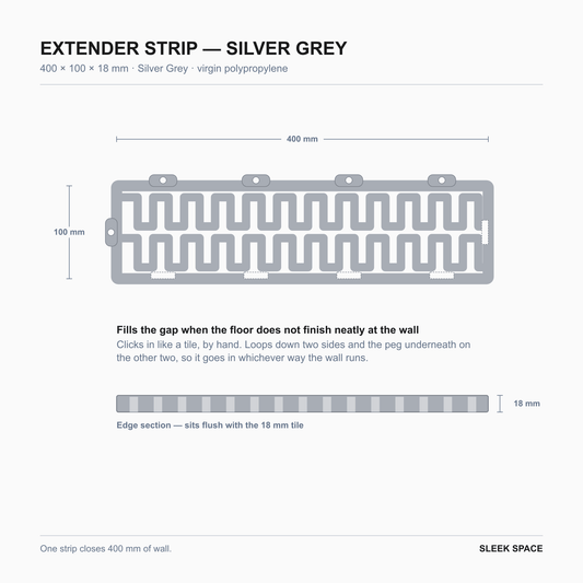 EXTENDER Strip in Silver Grey, 400 x 100 x 18 mm, showing the clips on each side