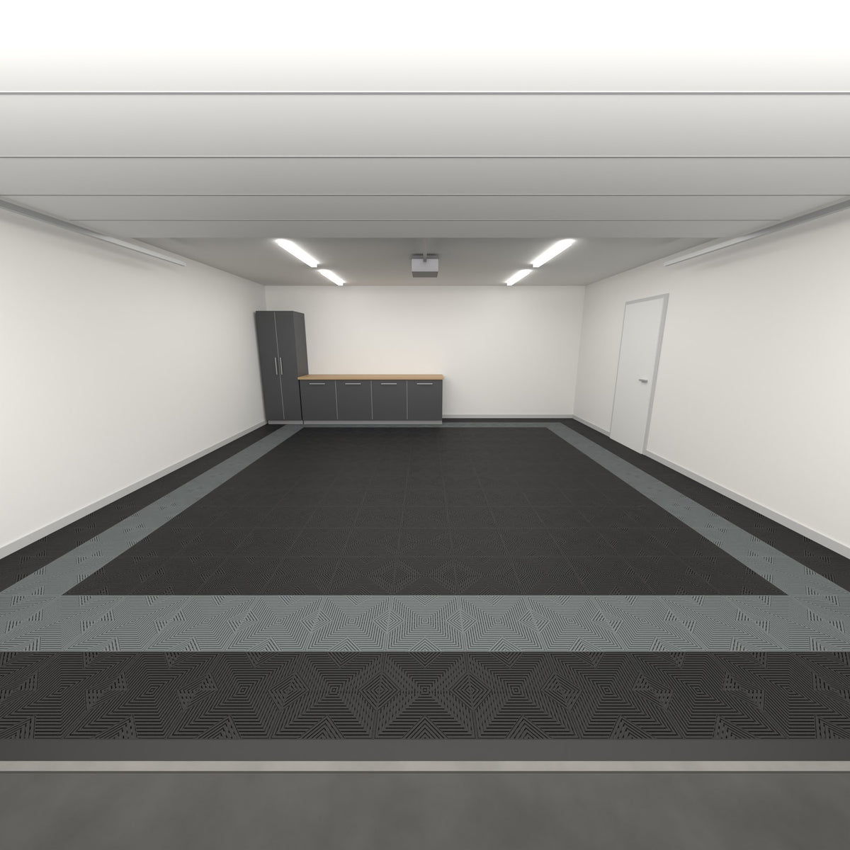ULTRACORE Double Garage Floor Kit, Border Plain Infill, Jet Black / Space Grey, seen from the garage door