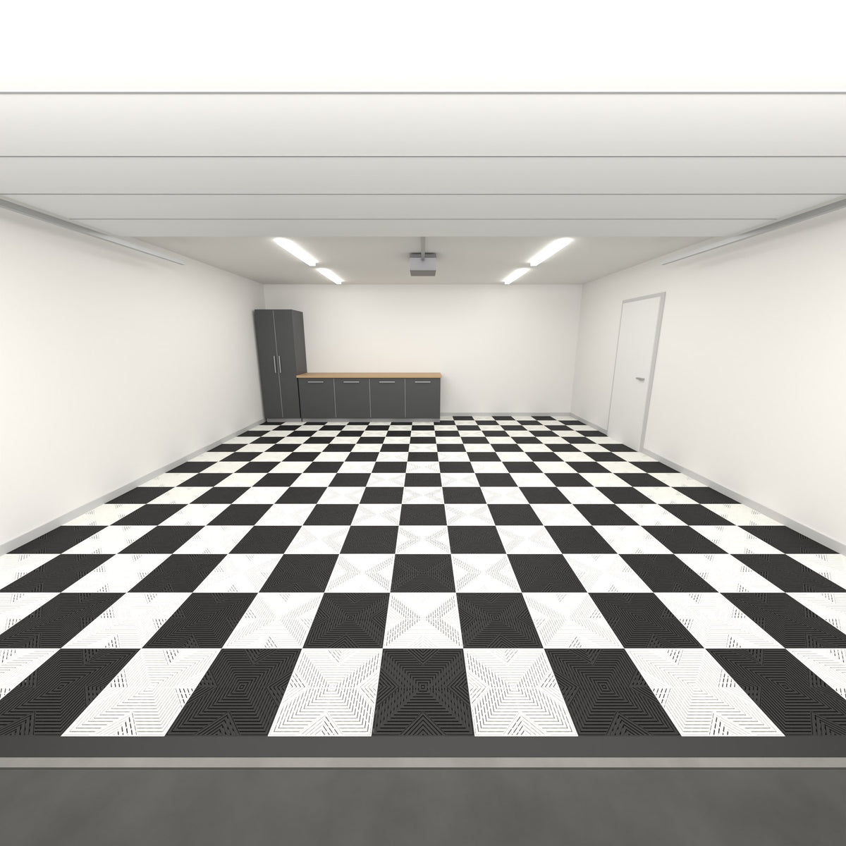 ULTRACORE Double Garage Floor Kit, Chequer, Jet Black / Alpine White, seen from the garage door