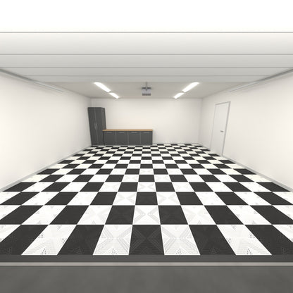 ULTRACORE Double Garage Floor Kit, Chequer, Jet Black / Alpine White, seen from the garage door
