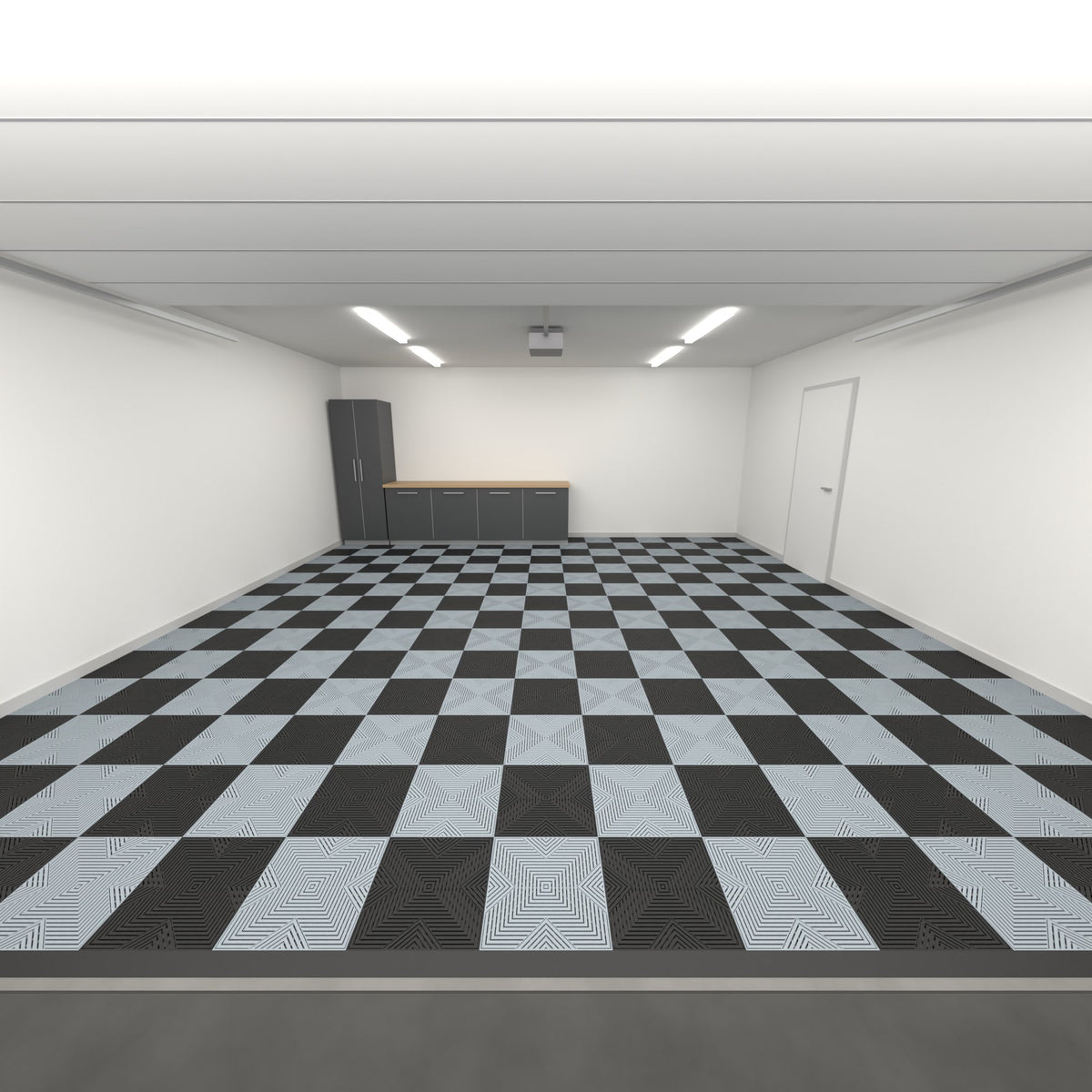 ULTRACORE Double Garage Floor Kit, Chequer, Jet Black / Silver Grey, seen from the garage door