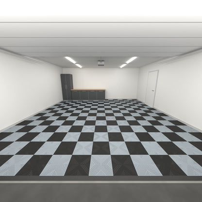 ULTRACORE Double Garage Floor Kit, Chequer, Jet Black / Silver Grey, seen from the garage door